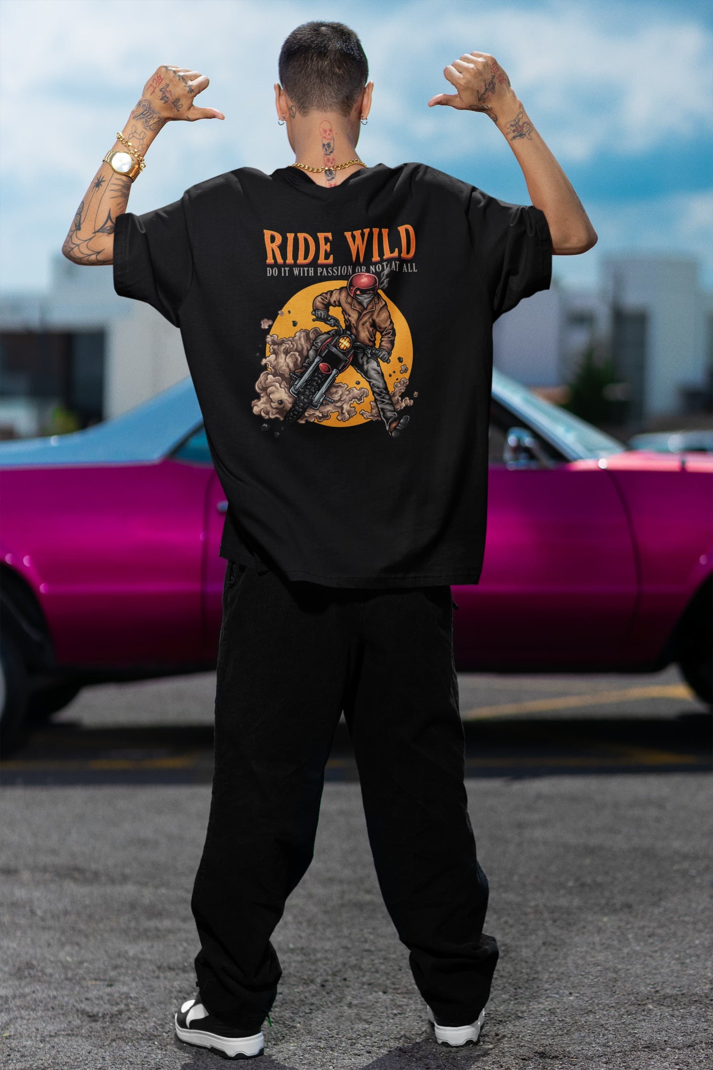 Ride Wild - Men's Biker Back Print Oversized T-Shirt