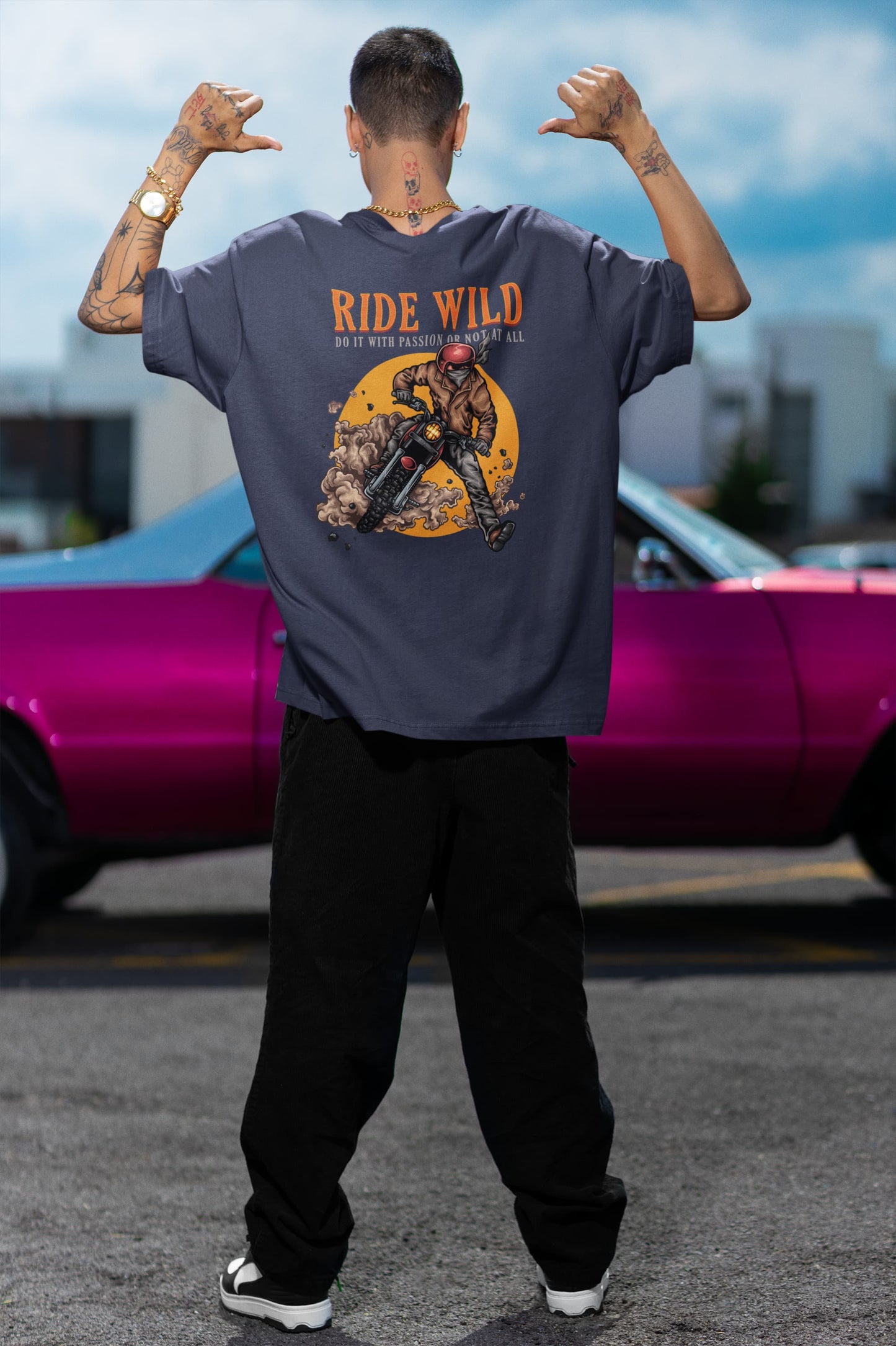 Ride Wild - Men's Biker Back Print Oversized T-Shirt