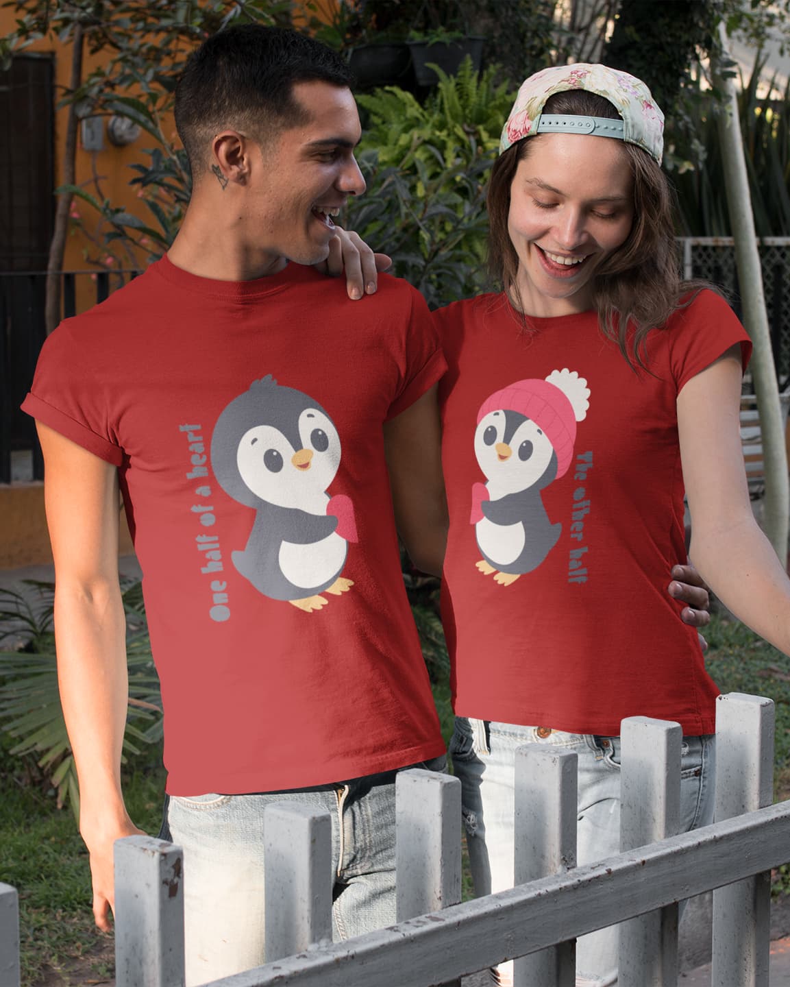 Cute Penguins - Couple Valentines Day Red T-Shirt Set