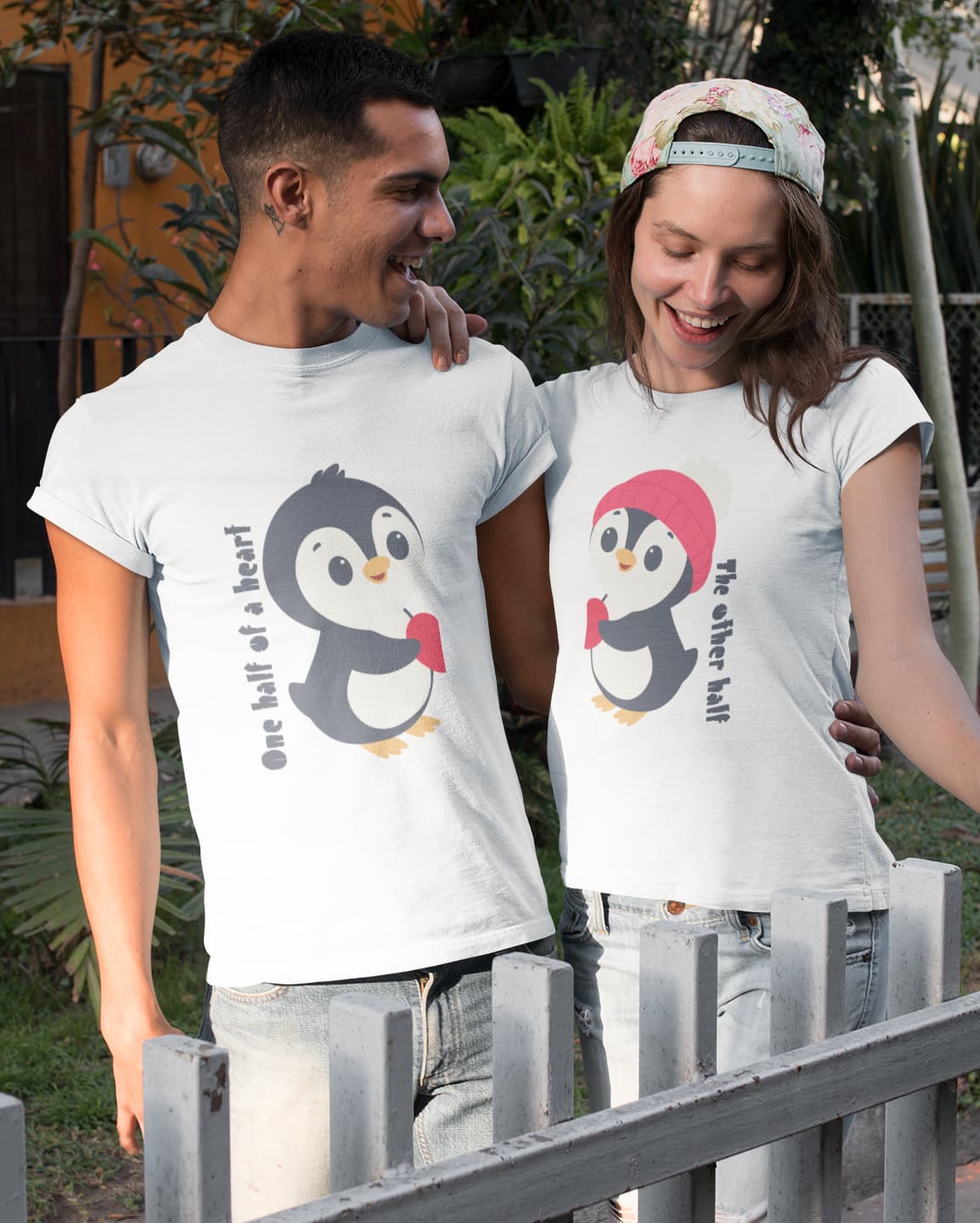 Cute Penguins - Couple Valentines Day White T-Shirt Set