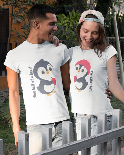 Cute Penguins - Couple Valentines Day White T-Shirt Set